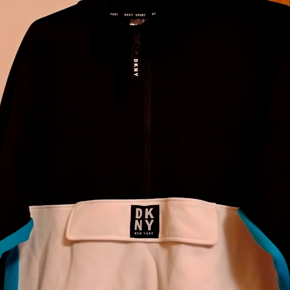 DKNY Black and White Jacket with Blue Accents